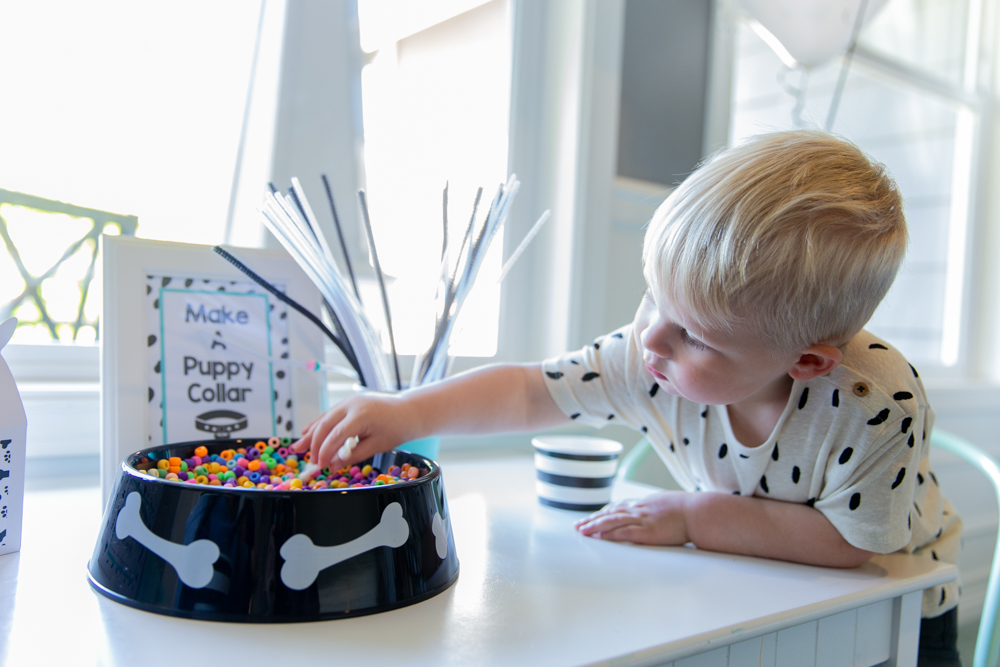 blonde boy holding beads in a black and white stripe shirt at a puppy party by Allison Carter Celebrates