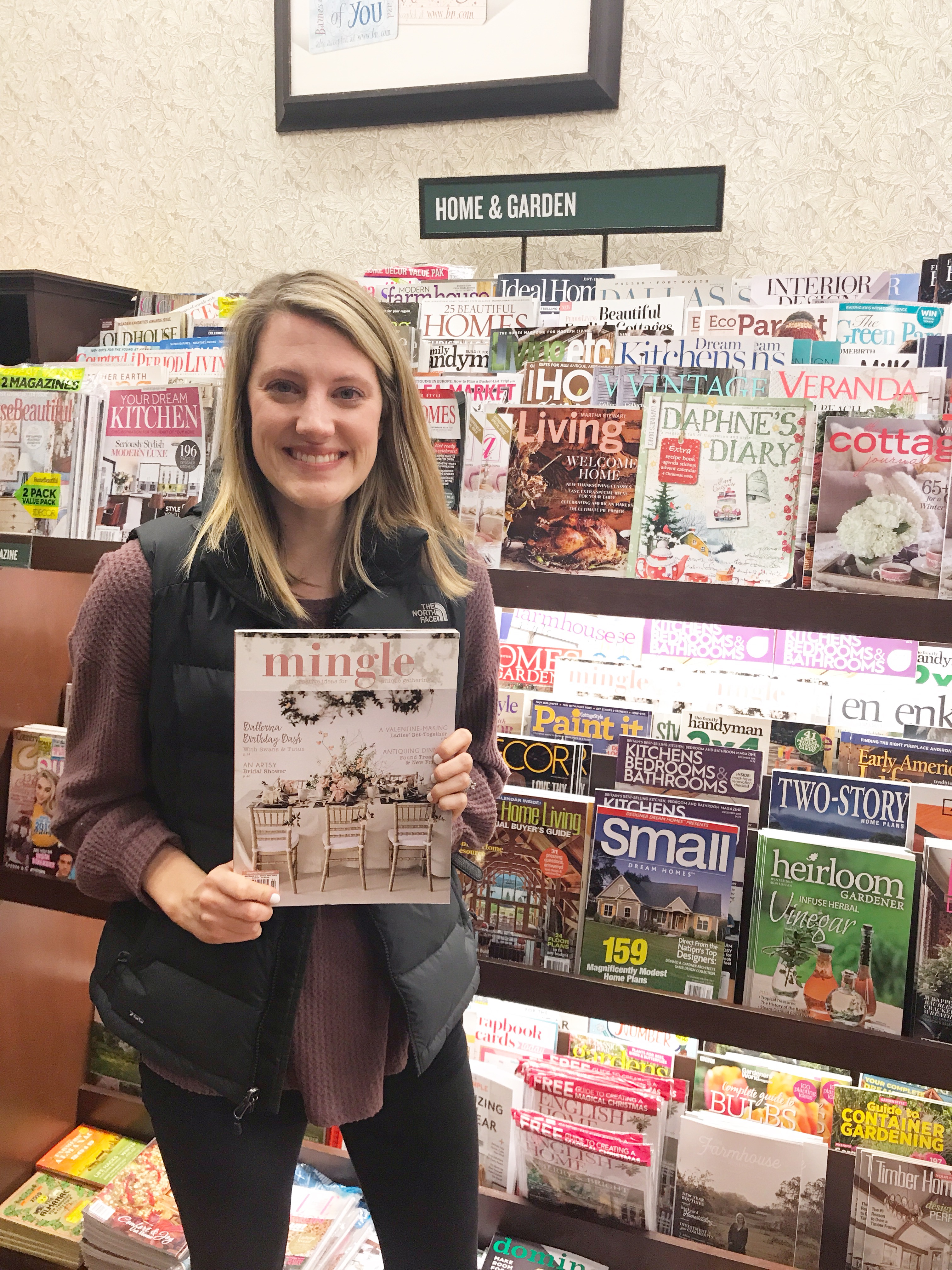 Allison Carter at Barnes and Noble holding Mingle Magazine on newsstands