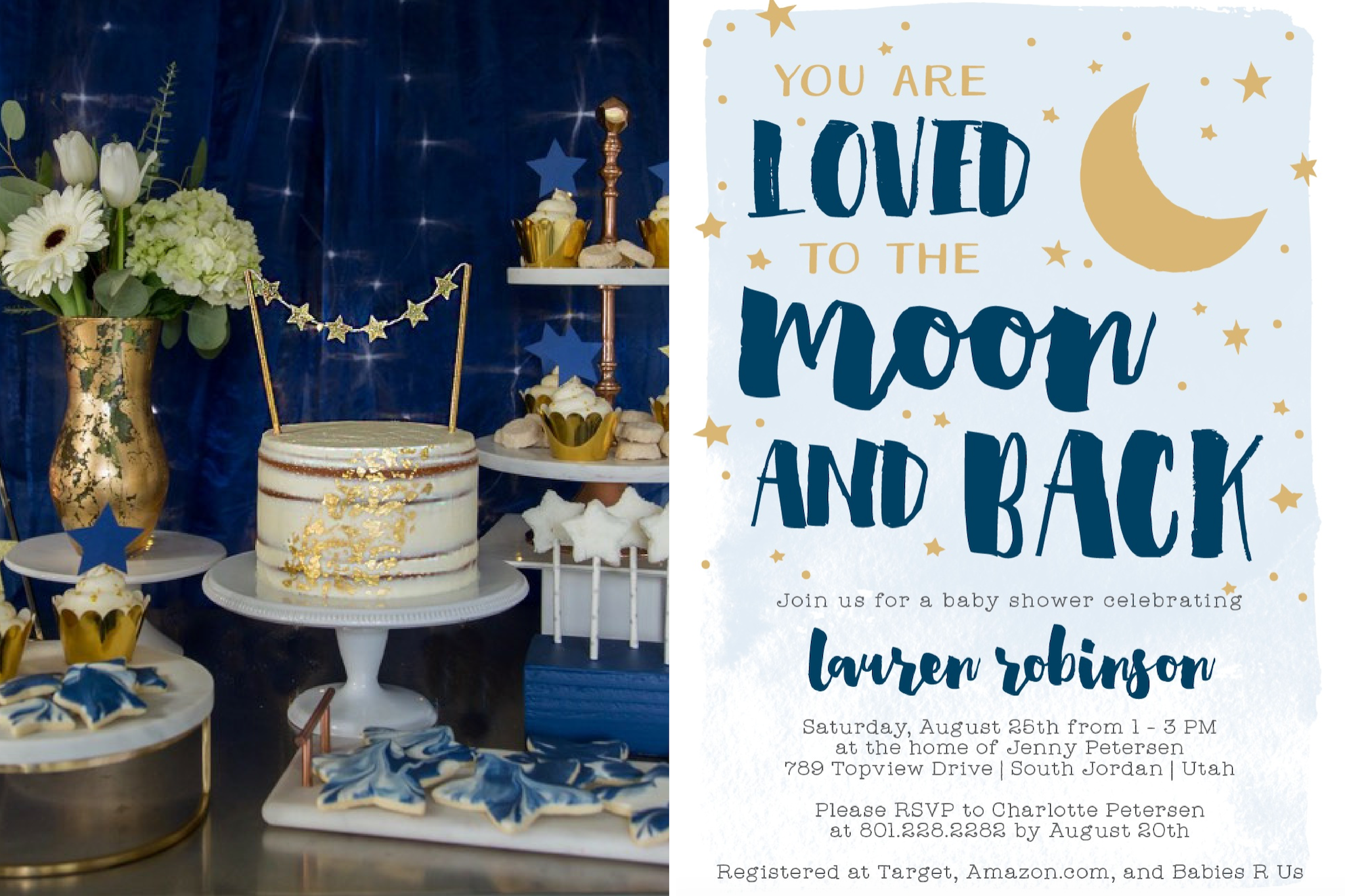 space themed baby shower invitation with gold cake from Allison Carter Celebrates