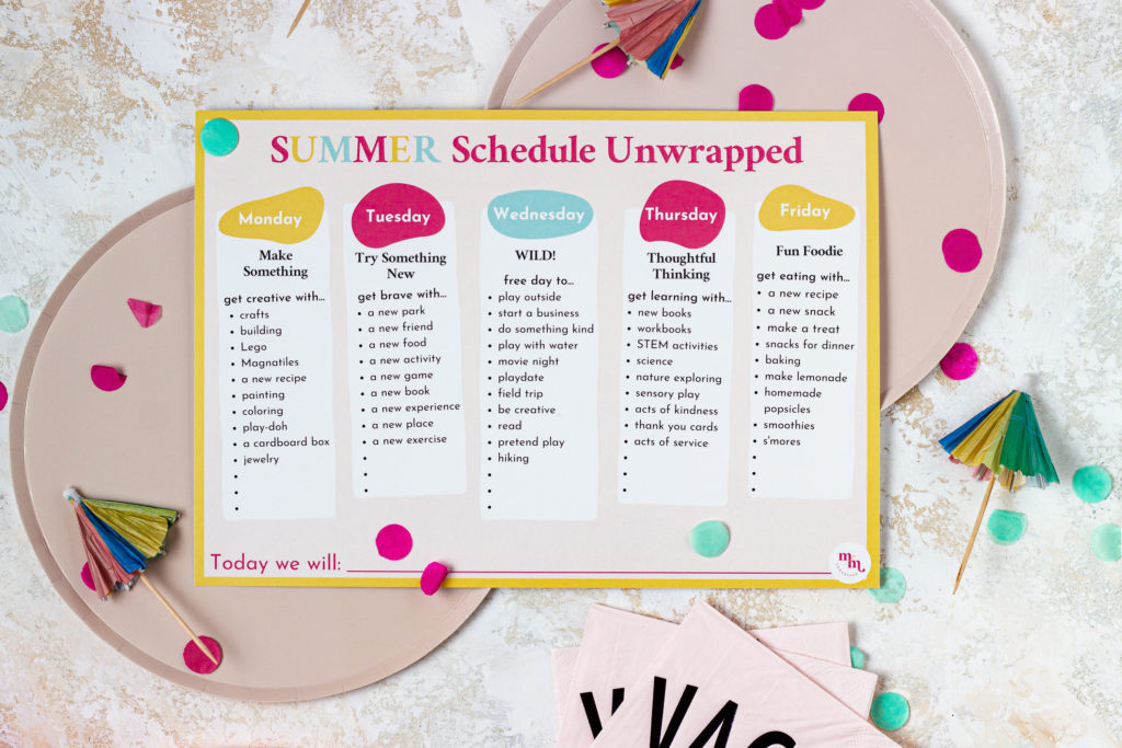 Summer schedule in pink, blue and yellow outlining themed activities to do each of the week days in summer included in a Memories in Moments Unwrapped box filled with summer themed crafts and activities for kids and busy moms to survive summer break at home